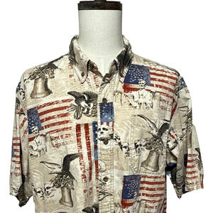 Red Head Shirt Mens 2XL Cream‎ American Flag Rushmore Eagles Patriotic Button Up